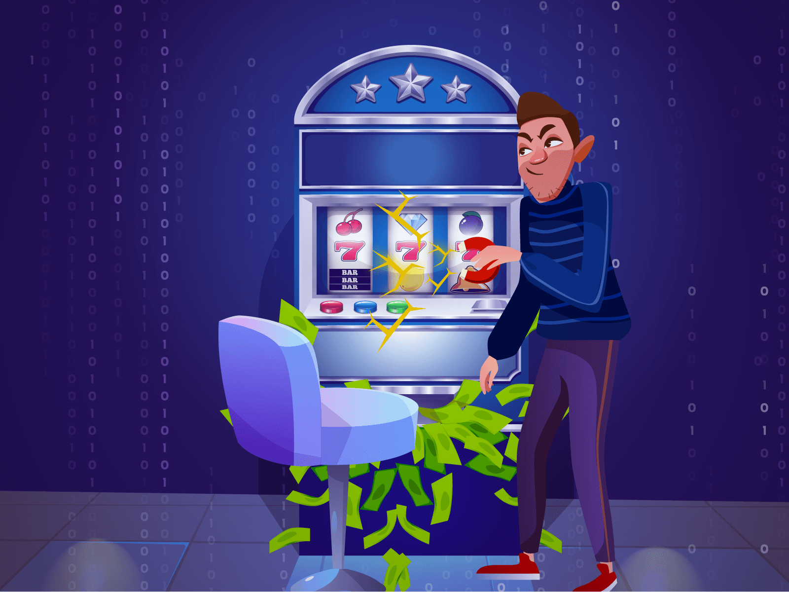 Graphic of a man cheating a slot machine with a magnet.